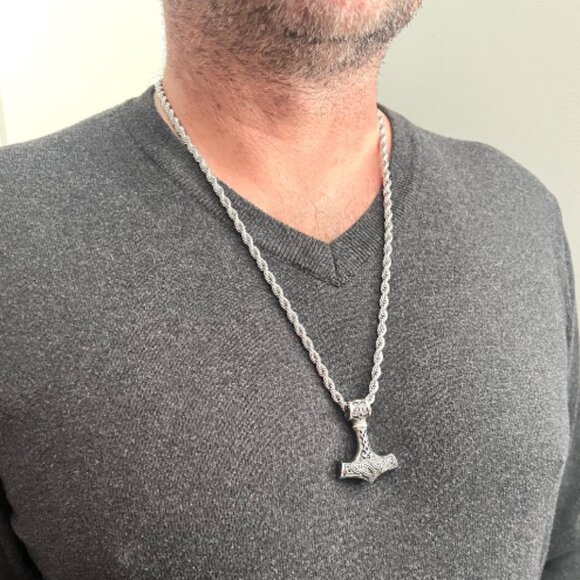 Viking Thor Hammer Pendant and Rope Chain Necklace - Picture 3 of 6